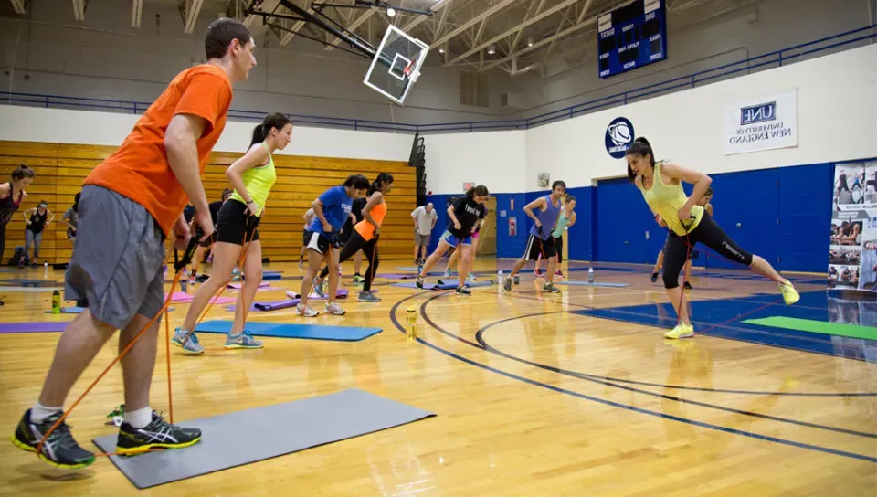 Students take part in an exercise class in the Finley Recreation Center